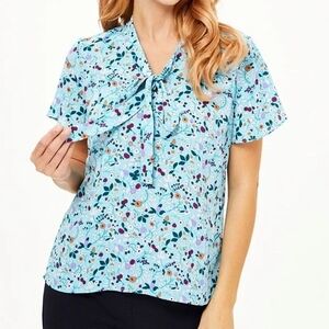 Talbots Floral Tie-Neck Blouse in Sky Blue